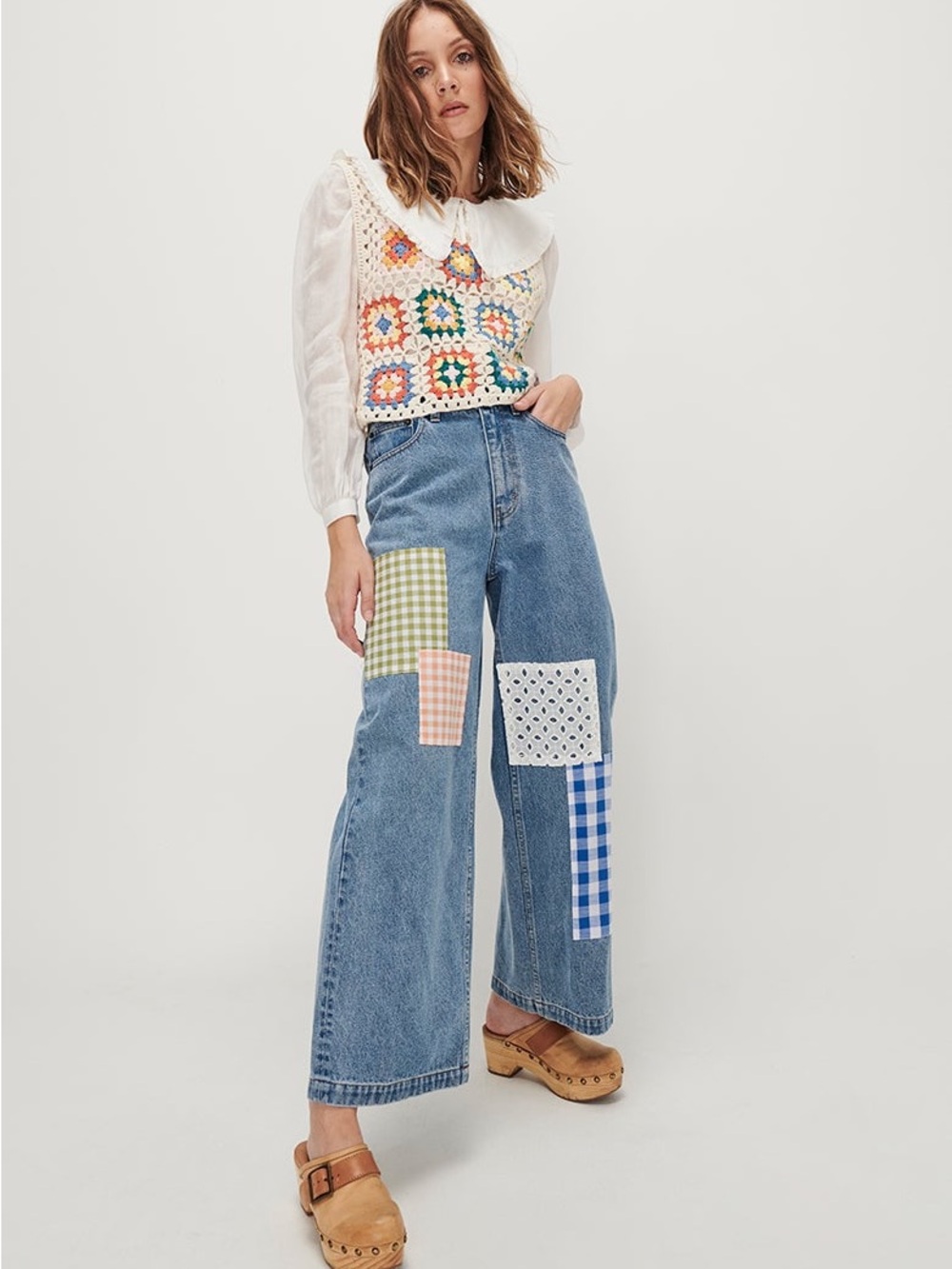 Ghanda Cameron Blue Wide Leg Patchwork Jeans with Multicolor Patches
